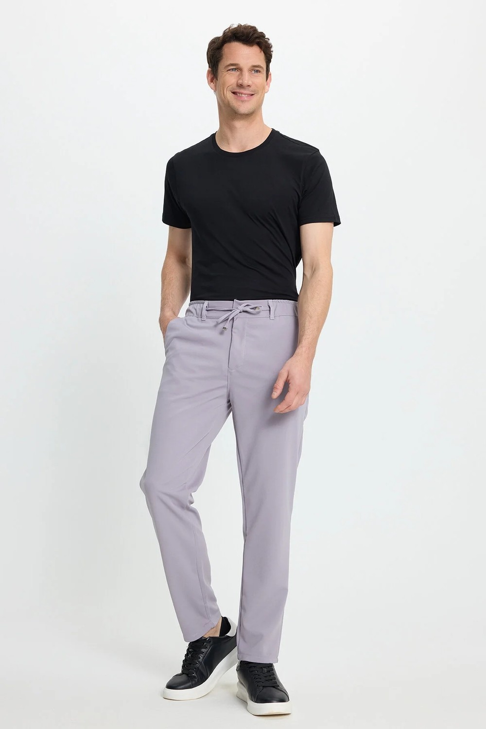Tudors Erkek Slim Fit Dar Kesim Beli Lastikli Bağcık Detaylı Siyah Pantolon görsel 6