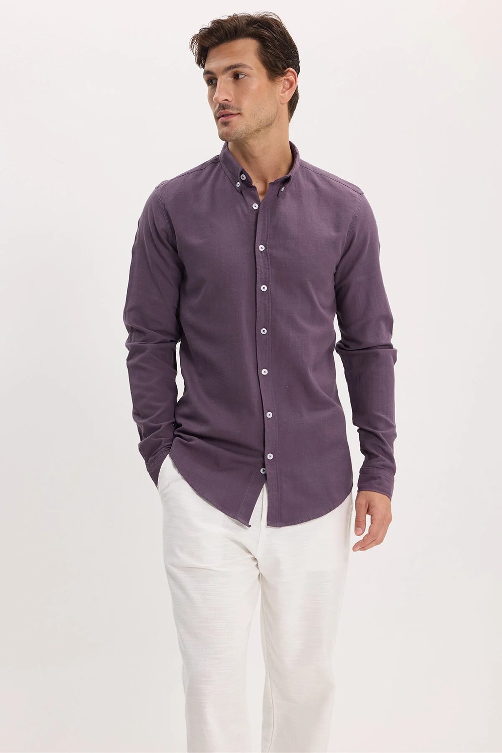 Tudors Erkek Slim Fit Dar Kesim %100 Pamuk Düğmeli Yaka Flam Keten Bordo Gömlek
