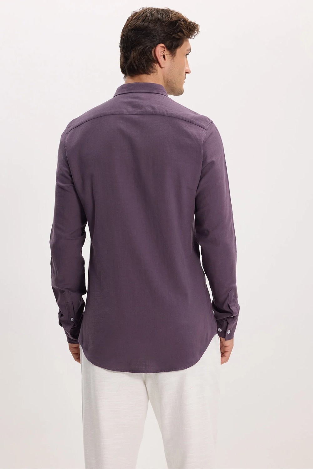 Tudors Erkek Slim Fit Dar Kesim %100 Pamuk Düğmeli Yaka Flam Keten Bordo Gömlek görsel 7