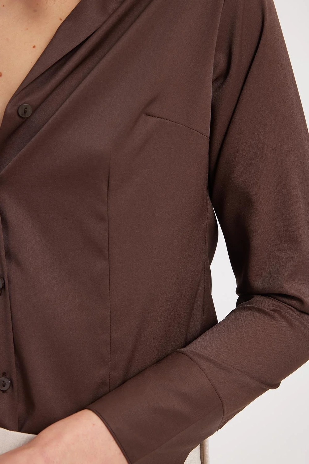 Tudors Kadın Slim Fit Dar Kesim Klasik Yaka Uzun Kollu Kahverengi Gömlek görsel 5