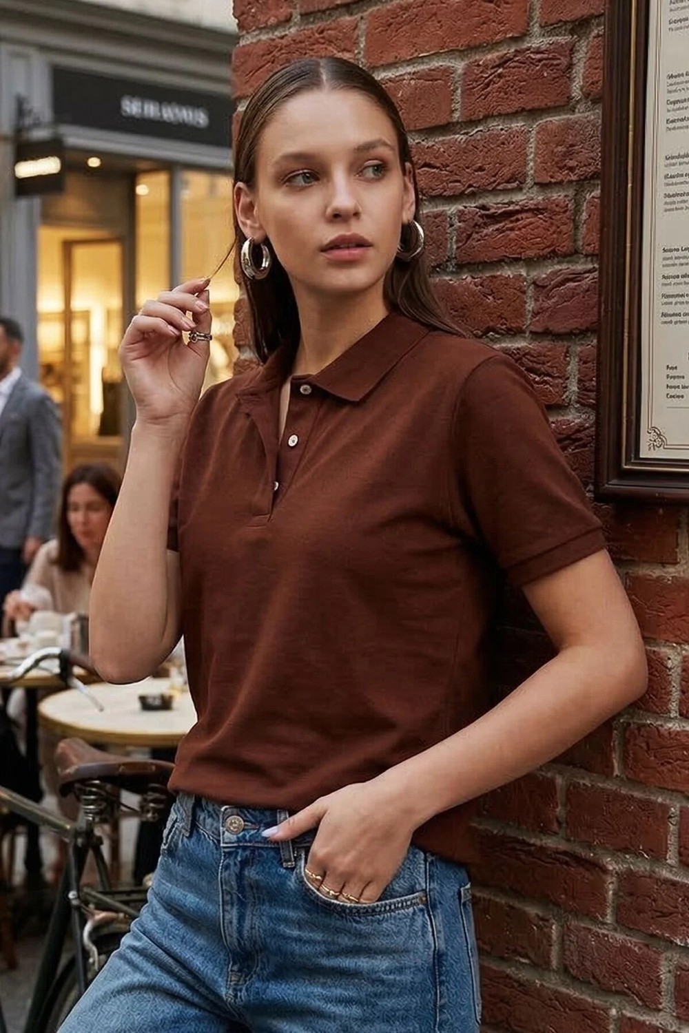 Tudors Erkek Slim Fit Dar Kesim Pamuklu Yumuşak Doku Nefes Alan Kumaş Kahverengi Polo Yaka Tişört görsel 3