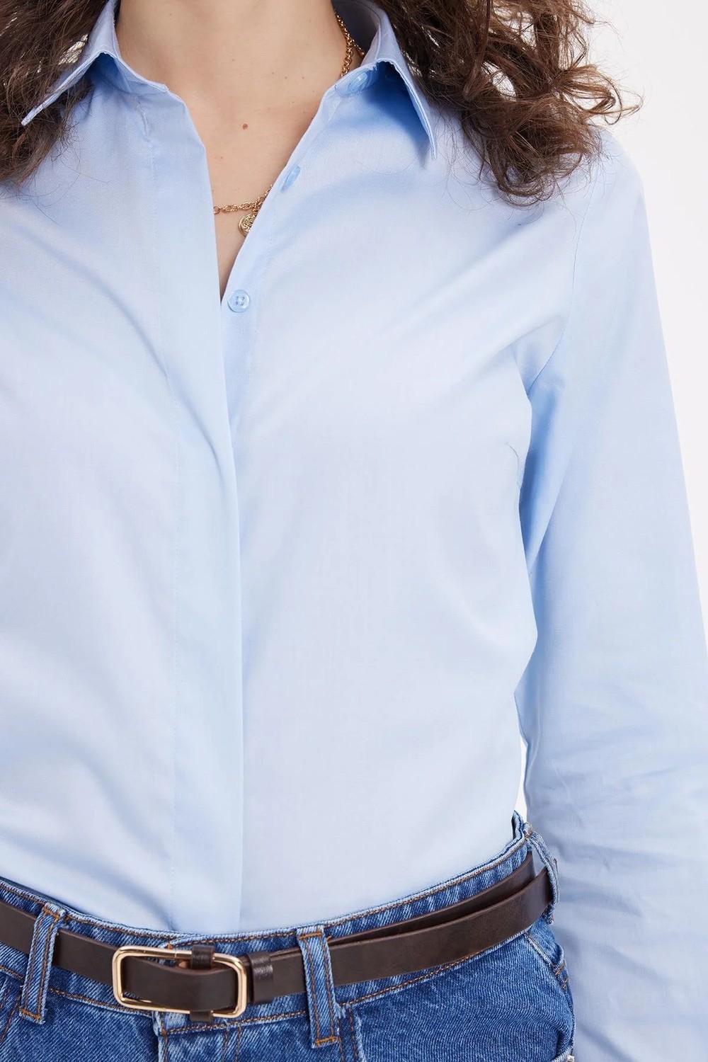 Tudors Kadın Slim Fit Non-Iron Pamuklu Vücuda Oturan Ütü Gerektirmez Pensli Mavi Gömlek görsel 3