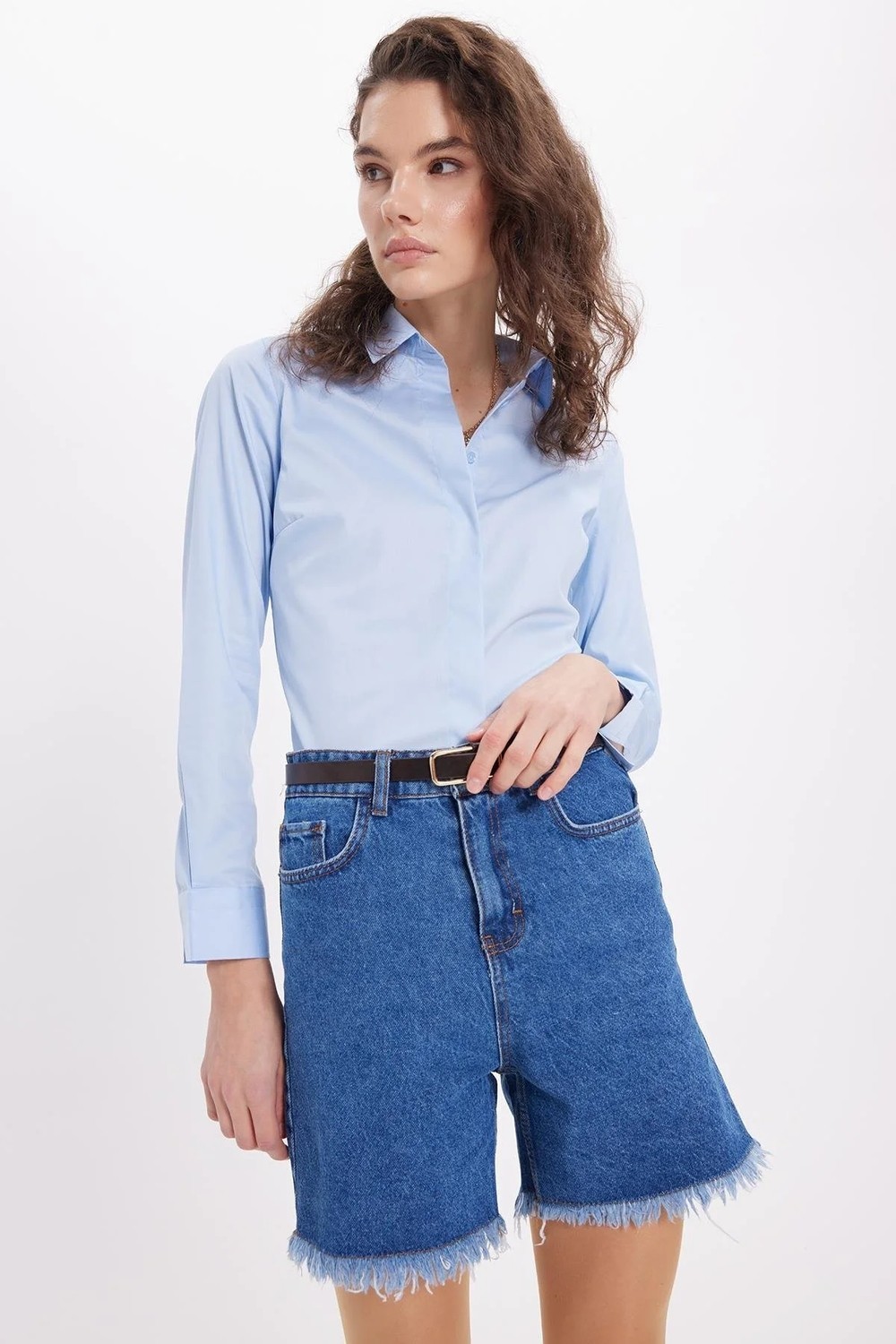 Tudors Kadın Slim Fit Non-Iron Pamuklu Vücuda Oturan Ütü Gerektirmez Pensli Mavi Gömlek görsel 4