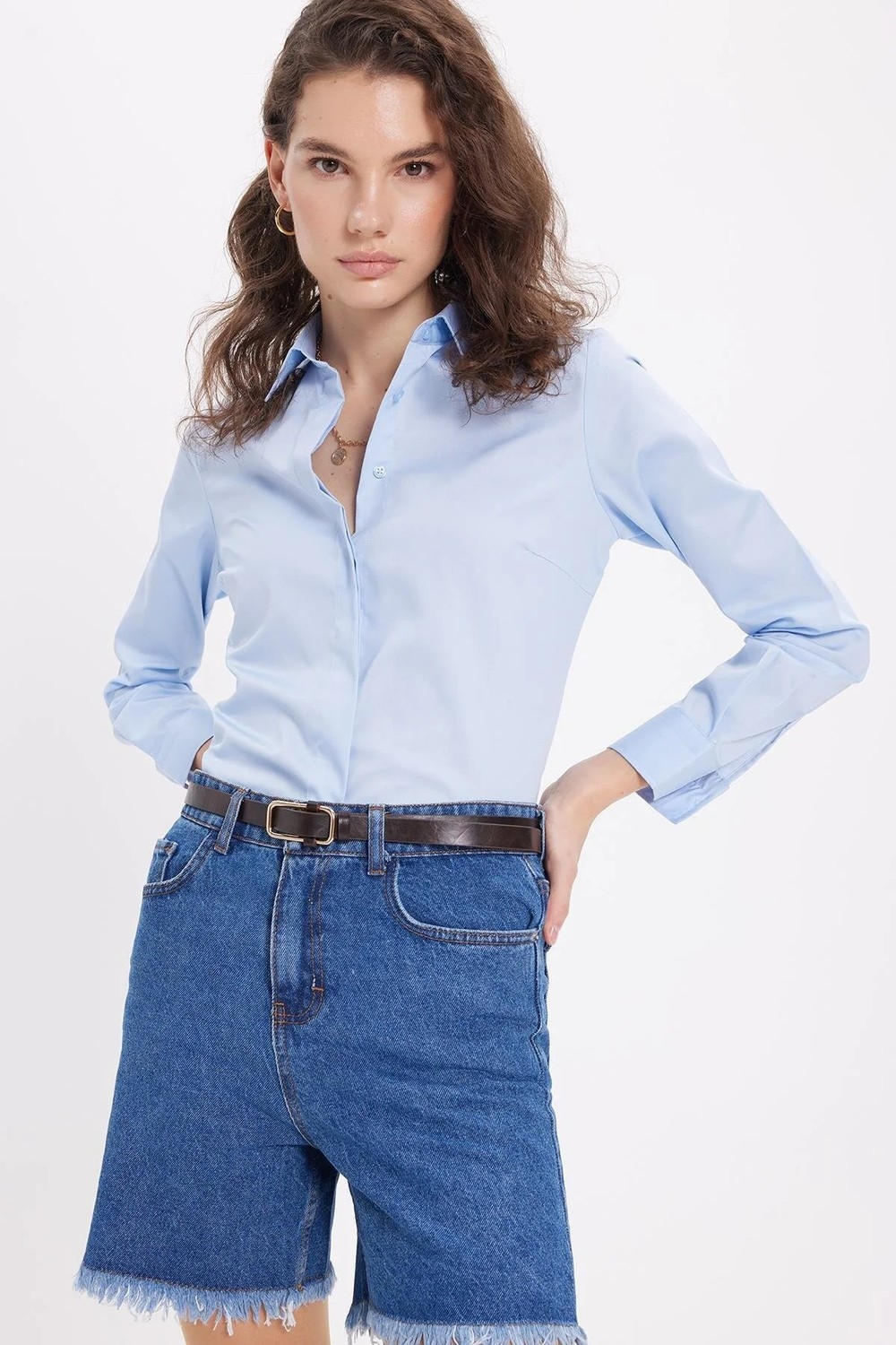 Tudors Kadın Slim Fit Non-Iron Pamuklu Vücuda Oturan Ütü Gerektirmez Pensli Mavi Gömlek görsel 6