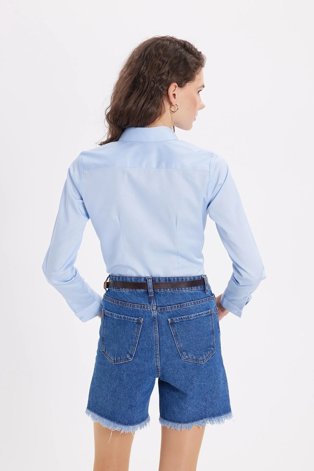 Tudors Kadın Slim Fit Non-Iron Pamuklu Vücuda Oturan Ütü Gerektirmez Pensli Mavi Gömlek görsel 8