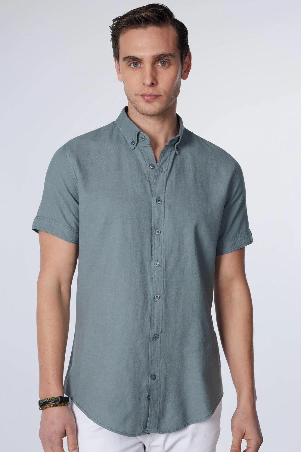 Tudors Erkek Slim Fit Dar Kesim Kısa Kollu %100 Pamuk Keten Doku Düğmeli Yaka Gri Gömlek görsel 2