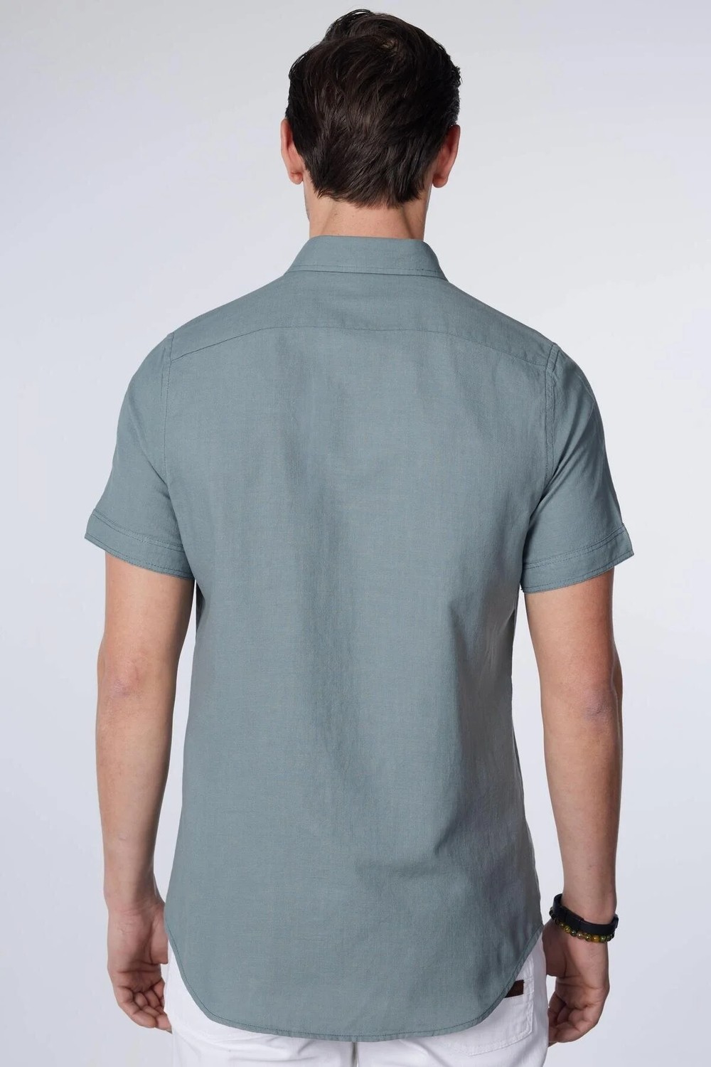 Tudors Erkek Slim Fit Dar Kesim Kısa Kollu %100 Pamuk Keten Doku Düğmeli Yaka Gri Gömlek görsel 5