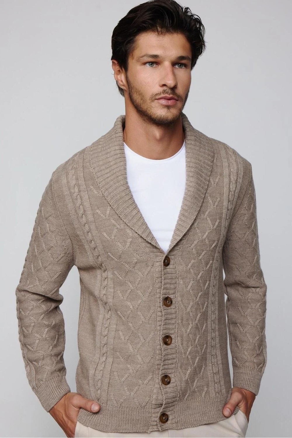 Tudors Slim Fit Dar Kesim Desenli Yumuşak Dokulu Düğmeli Kahverengi Erkek Hırka