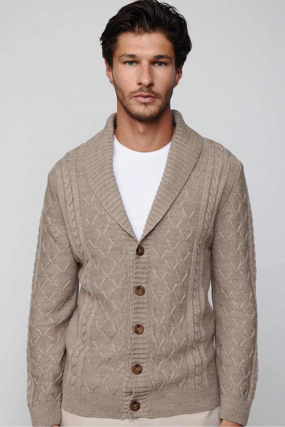 Tudors Slim Fit Dar Kesim Desenli Yumuşak Dokulu Düğmeli Kahverengi Erkek Hırka görsel 2