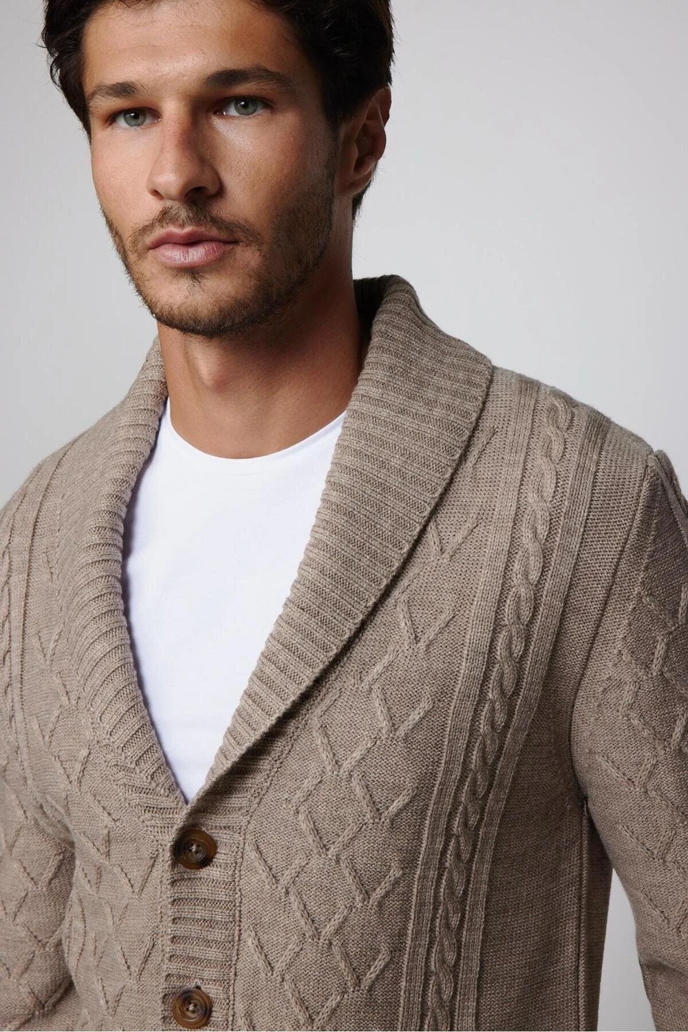 Tudors Slim Fit Dar Kesim Desenli Yumuşak Dokulu Düğmeli Kahverengi Erkek Hırka görsel 3