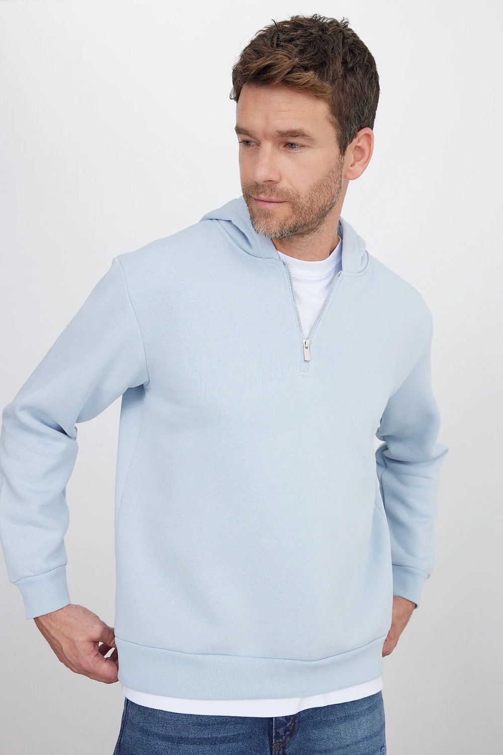 Tudors Unisex Relax Fit Rahat Kesim Pamuklu İçi Polarlı Yarım Fermuarlı Mavi Kapüşonlu Sweatshirt görsel 3