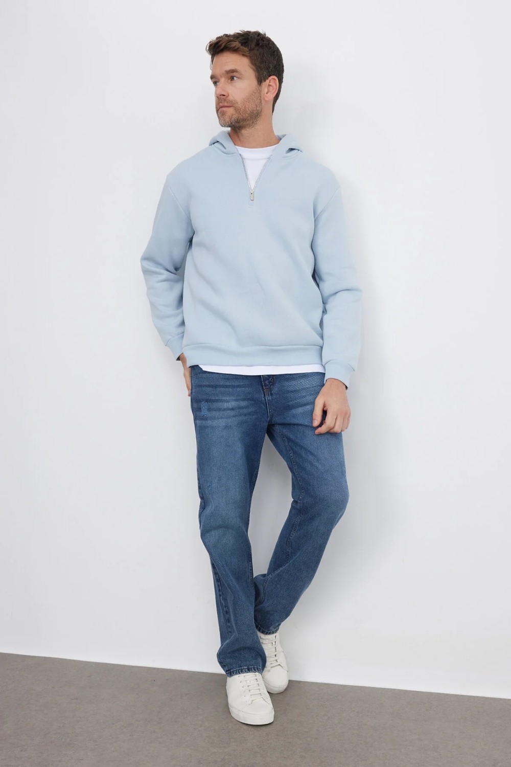 Tudors Unisex Relax Fit Rahat Kesim Pamuklu İçi Polarlı Yarım Fermuarlı Mavi Kapüşonlu Sweatshirt görsel 6