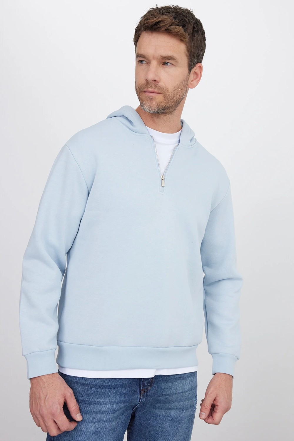Tudors Unisex Relax Fit Rahat Kesim Pamuklu İçi Polarlı Yarım Fermuarlı Mavi Kapüşonlu Sweatshirt görsel 7