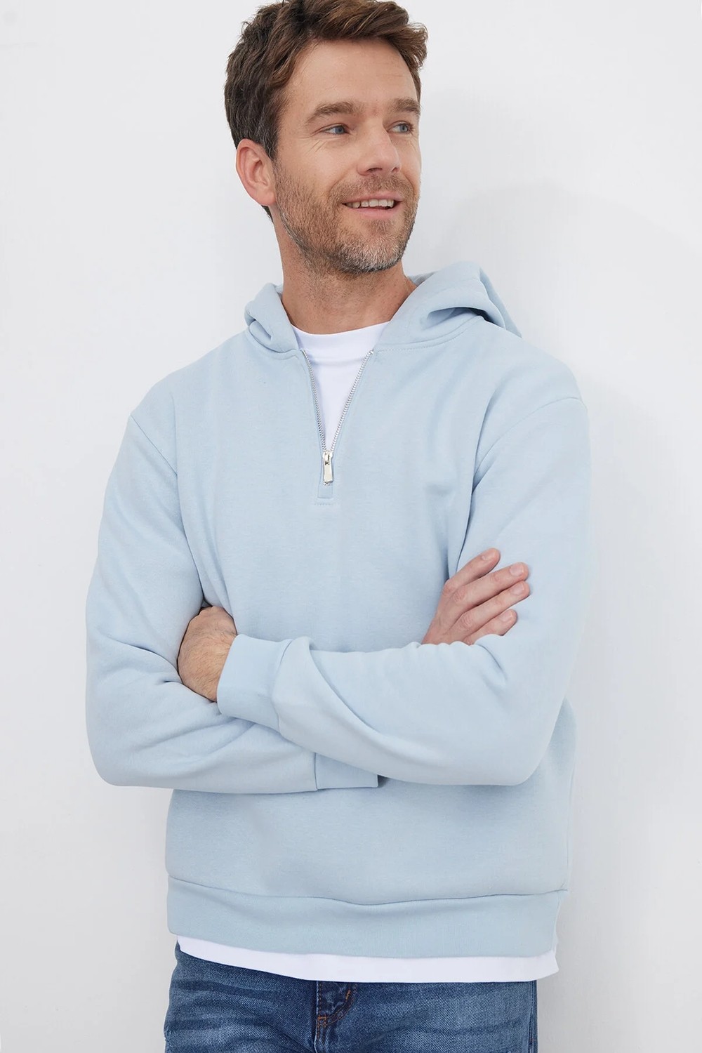 Tudors Unisex Relax Fit Rahat Kesim Pamuklu İçi Polarlı Yarım Fermuarlı Mavi Kapüşonlu Sweatshirt görsel 8