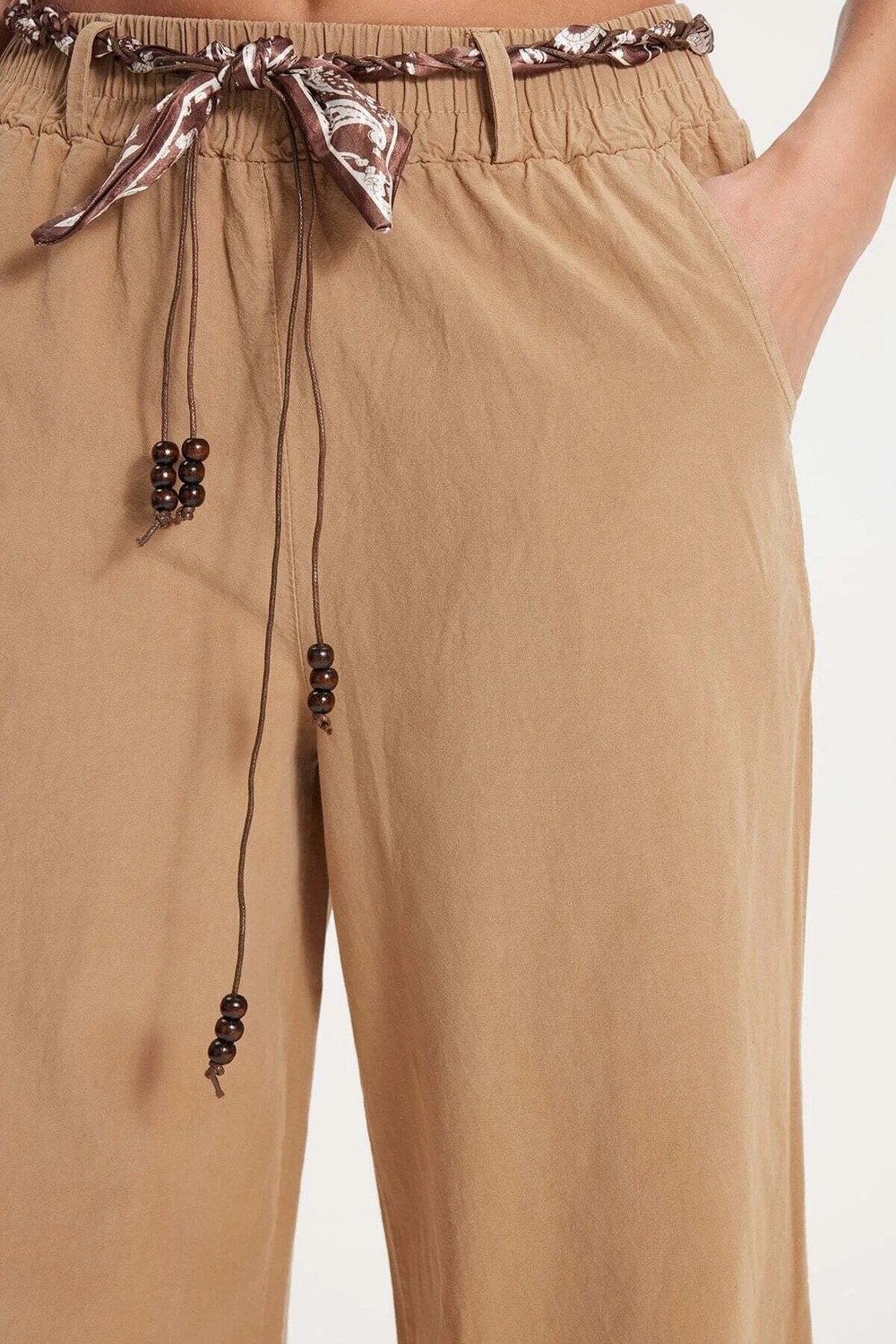 Tudors Kadın Relax Fit Rahat Kesim %100 Pamuk Beli Lastikli Fular Detaylı Çift Cepli Bej Pantolon görsel 4