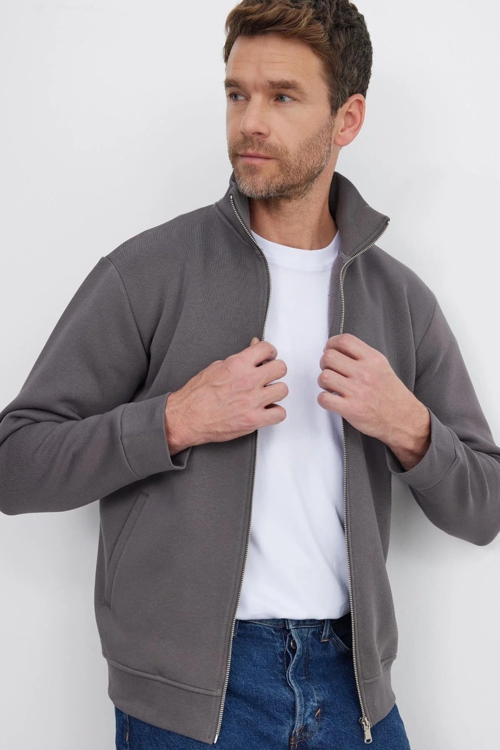 Tudors Unisex Relax Fit Rahat Kesim Pamuklu 3 İplik İçi Polarlı Fermuarlı Cepli Gri Sweatshirt Hırka
