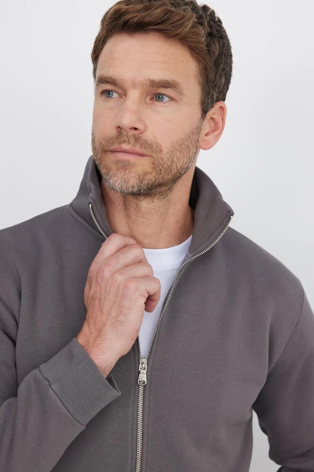 Tudors Unisex Relax Fit Rahat Kesim Pamuklu 3 İplik İçi Polarlı Fermuarlı Cepli Gri Sweatshirt Hırka görsel 2