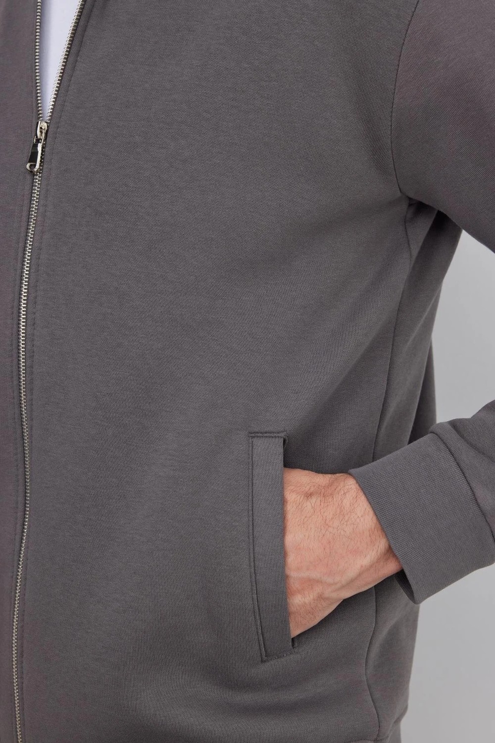 Tudors Unisex Relax Fit Rahat Kesim Pamuklu 3 İplik İçi Polarlı Fermuarlı Cepli Gri Sweatshirt Hırka görsel 3