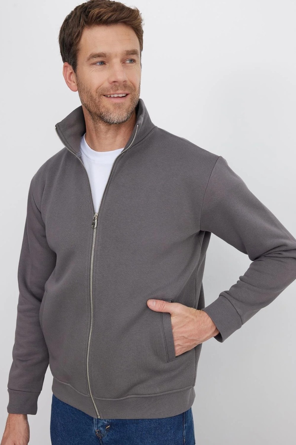 Tudors Unisex Relax Fit Rahat Kesim Pamuklu 3 İplik İçi Polarlı Fermuarlı Cepli Gri Sweatshirt Hırka görsel 4