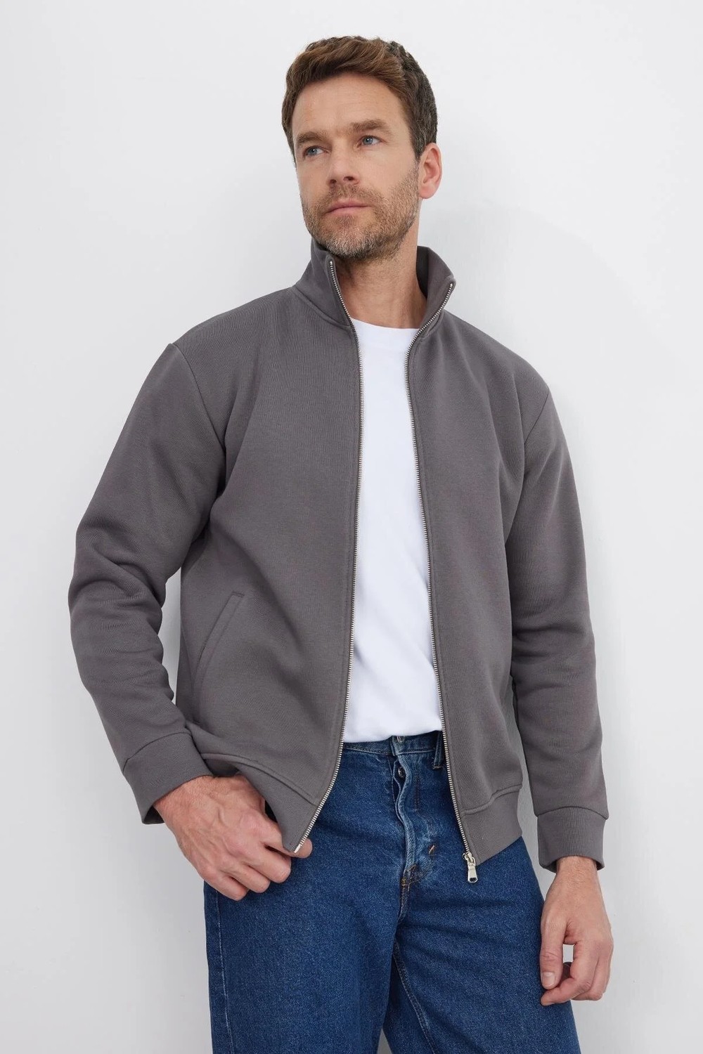 Tudors Unisex Relax Fit Rahat Kesim Pamuklu 3 İplik İçi Polarlı Fermuarlı Cepli Gri Sweatshirt Hırka görsel 5