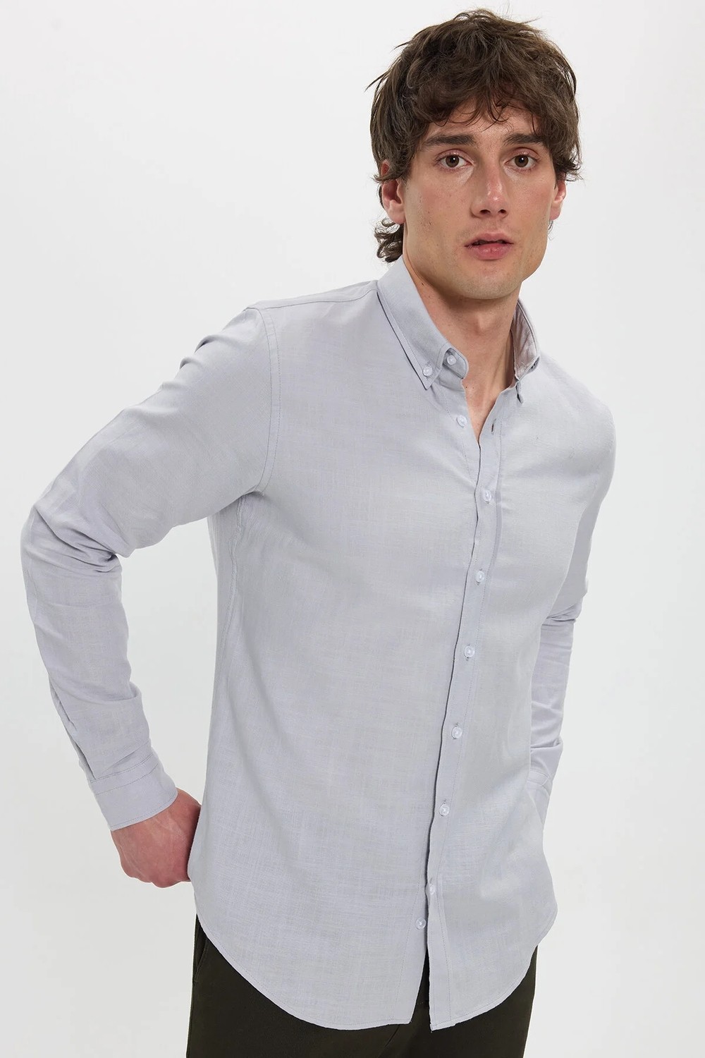 Tudors Erkek Slim Fit Dar Kesim %100 Pamuk Düğmeli Yaka Flam Keten Bordo Gömlek