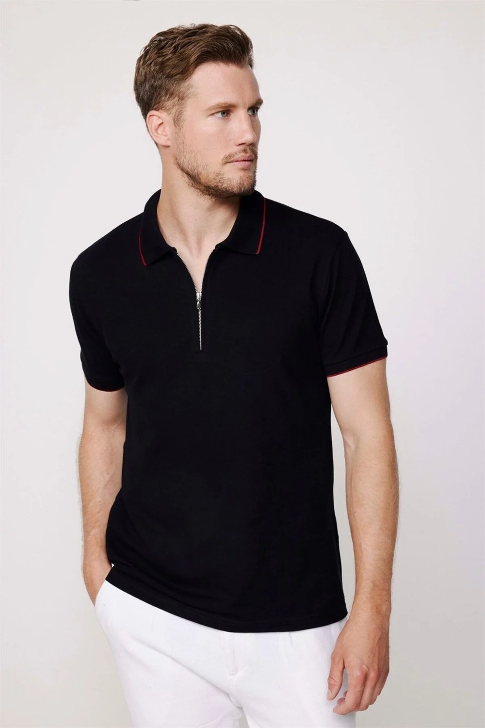 Tudors Erkek Slim Fit Dar Kesim %100 Pamuk Düz Pike Fermuarlı Siyah Polo Yaka Tişört görsel 2