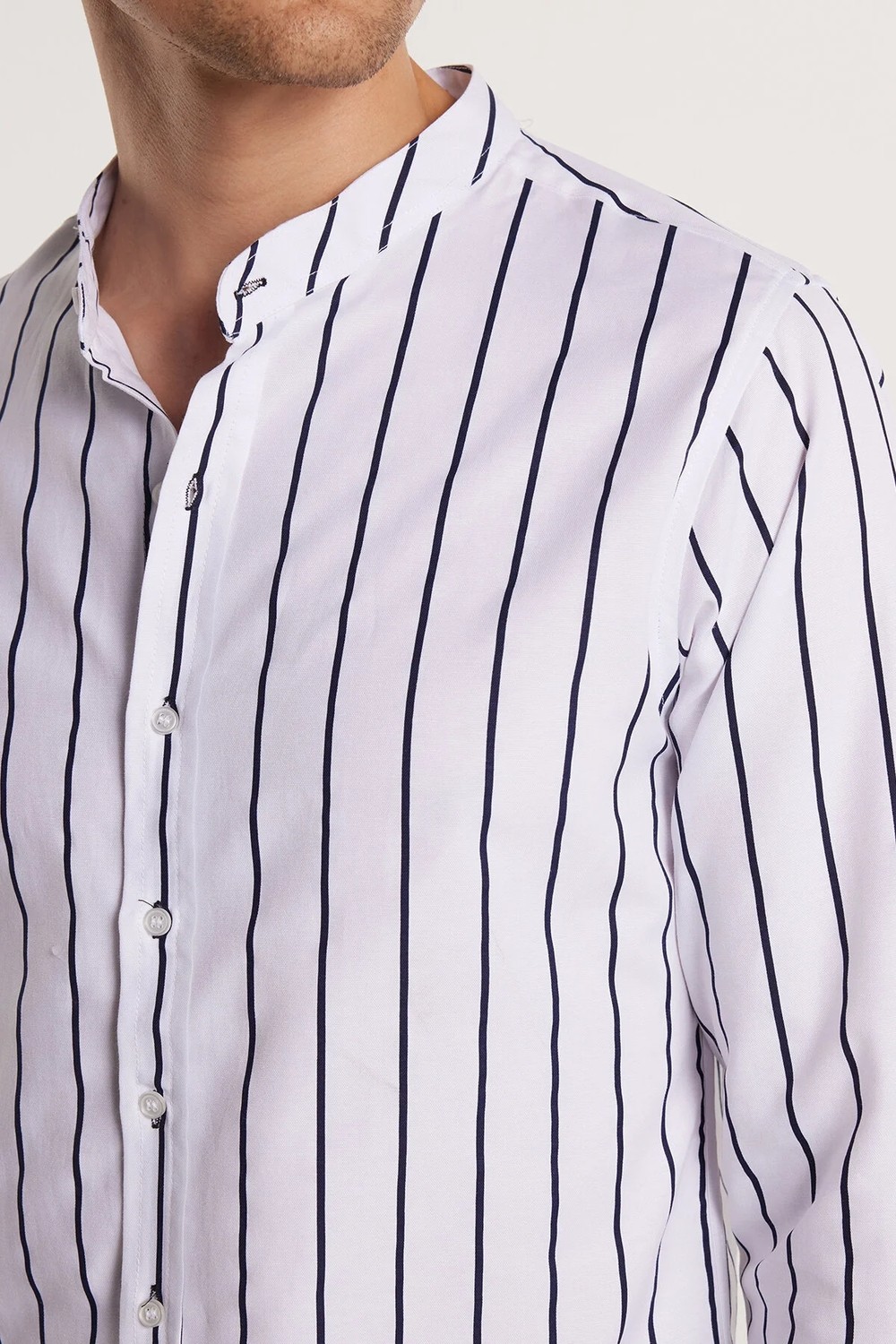 Tudors Slim Fit Uzun Kollu Hakim Yaka Pamuklu Kolay Ütü Çizgili Erkek Beyaz Gömlek görsel 5