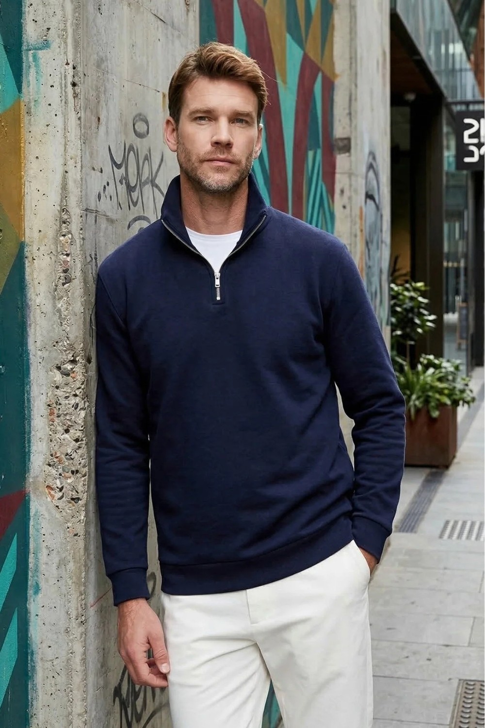 Tudors Unisex Relax Fit Rahat Kesim Pamuklu İçi Polarlı Yarım Fermuarlı Lacivert Dik Yaka Sweatshirt görsel 2
