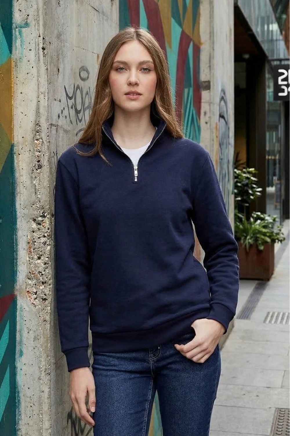 Tudors Unisex Relax Fit Rahat Kesim Pamuklu İçi Polarlı Yarım Fermuarlı Lacivert Dik Yaka Sweatshirt görsel 3