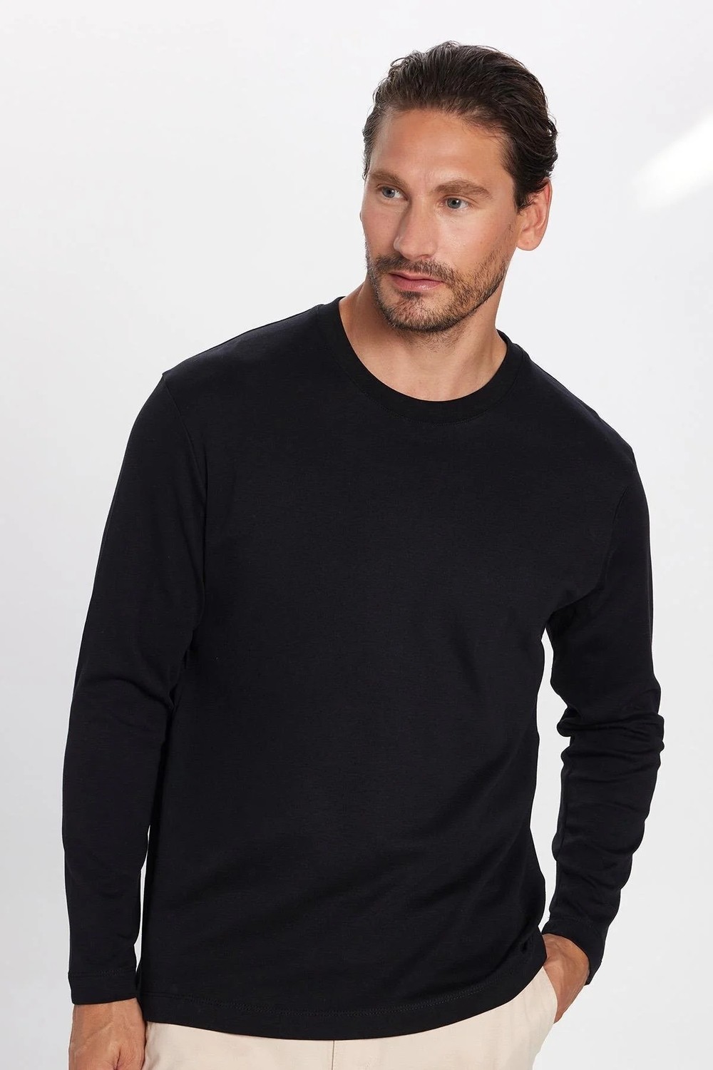 Tudors Unisex Relax Fit Rahat Kesim %100 Pamuk Uzun Kollu Bisiklet Yaka Siyah Basic Tişört
