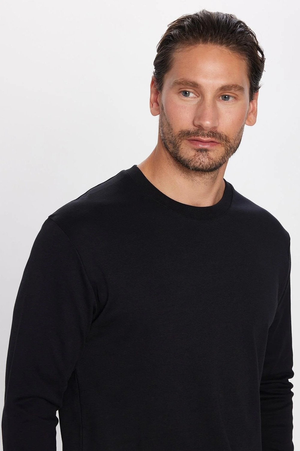Tudors Unisex Relax Fit Rahat Kesim %100 Pamuk Uzun Kollu Bisiklet Yaka Siyah Basic Tişört görsel 2