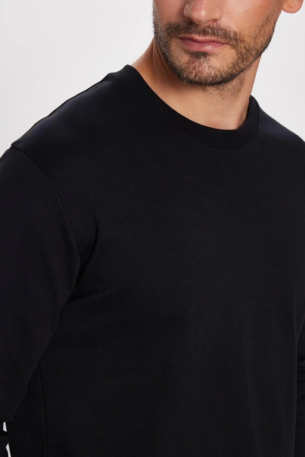 Tudors Unisex Relax Fit Rahat Kesim %100 Pamuk Uzun Kollu Bisiklet Yaka Siyah Basic Tişört görsel 3