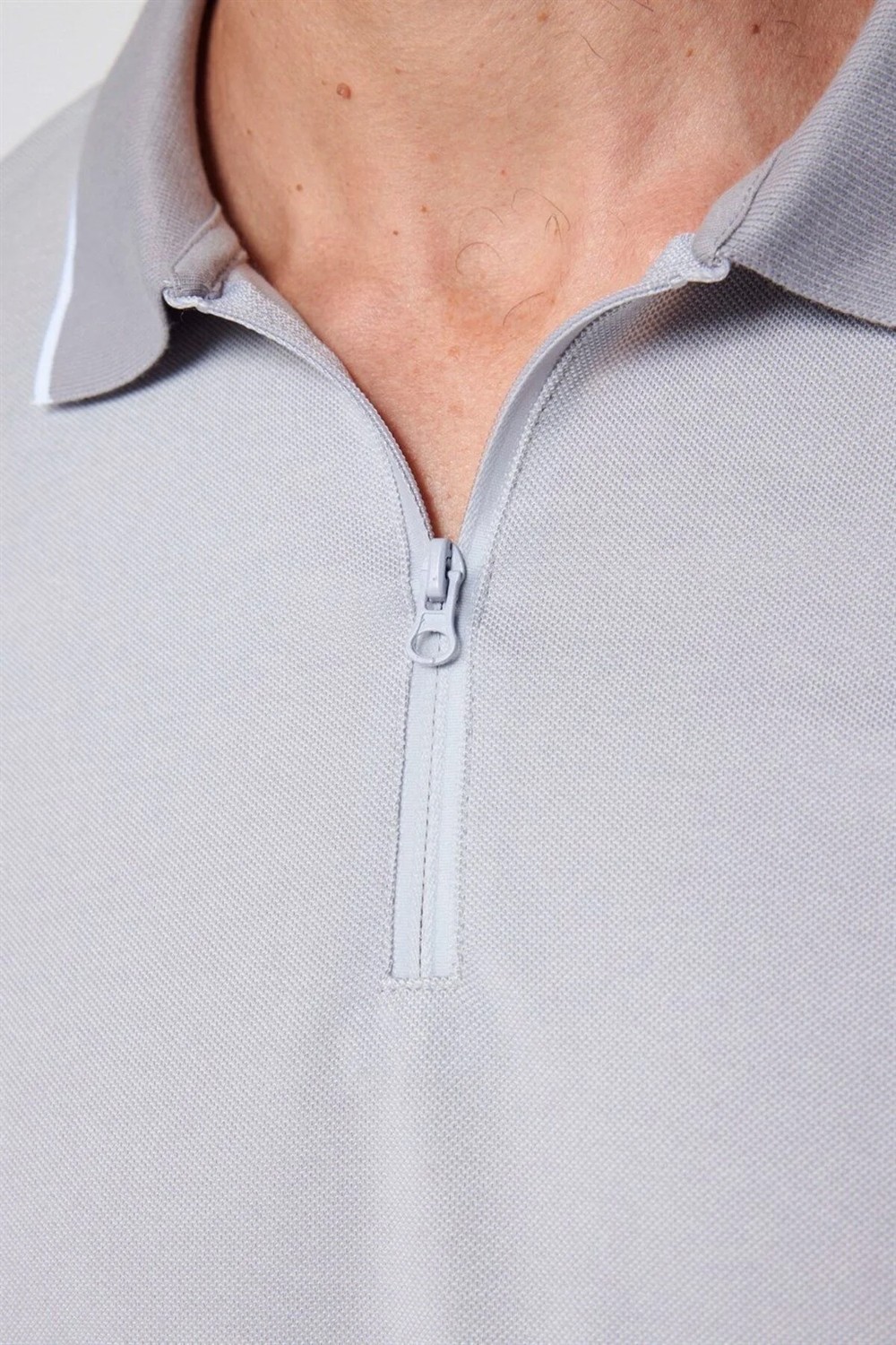 Tudors Erkek Slim Fit Dar Kesim Pamuklu Fermuarlı Gri Polo Yaka Tişört görsel 4