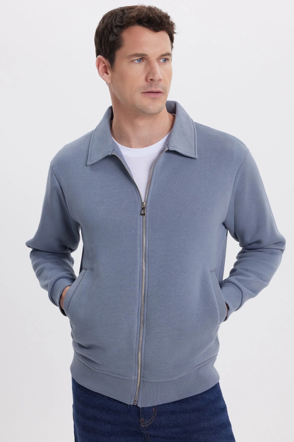Tudors Unisex Relax Fit Rahat Kesim Pamuklu İç Polarlı Fermuarlı Yeşil Polo Yaka Cepli Sweatshirt Hırka