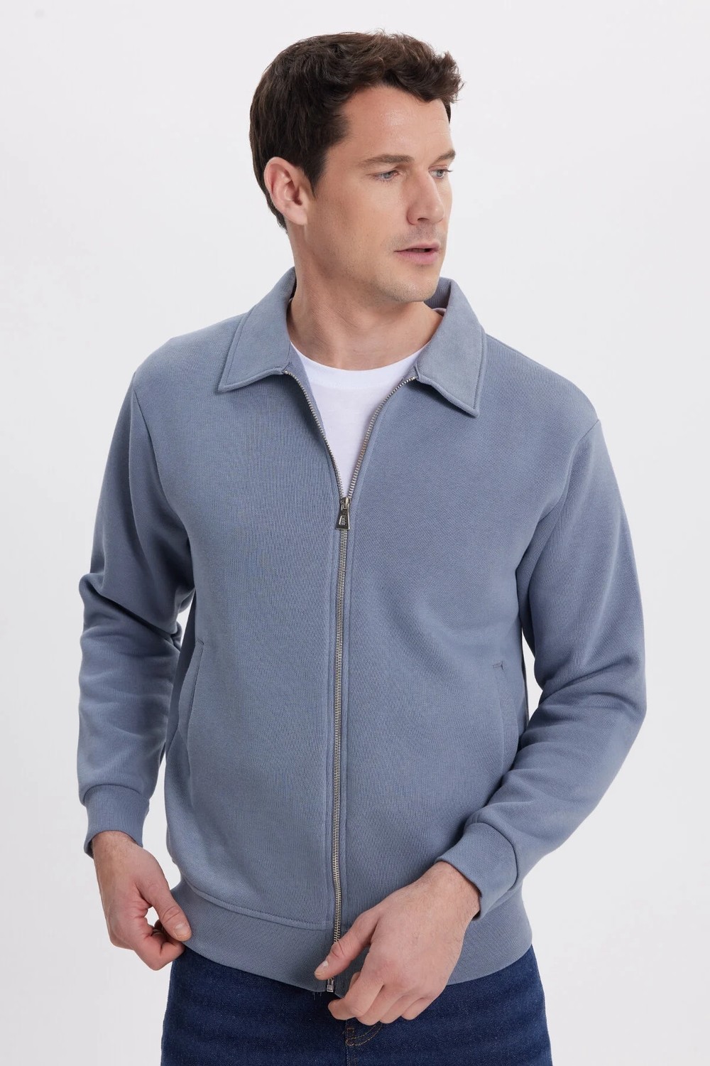 Tudors Unisex Relax Fit Rahat Kesim Pamuklu İç Polarlı Fermuarlı Yeşil Polo Yaka Cepli Sweatshirt Hırka görsel 2