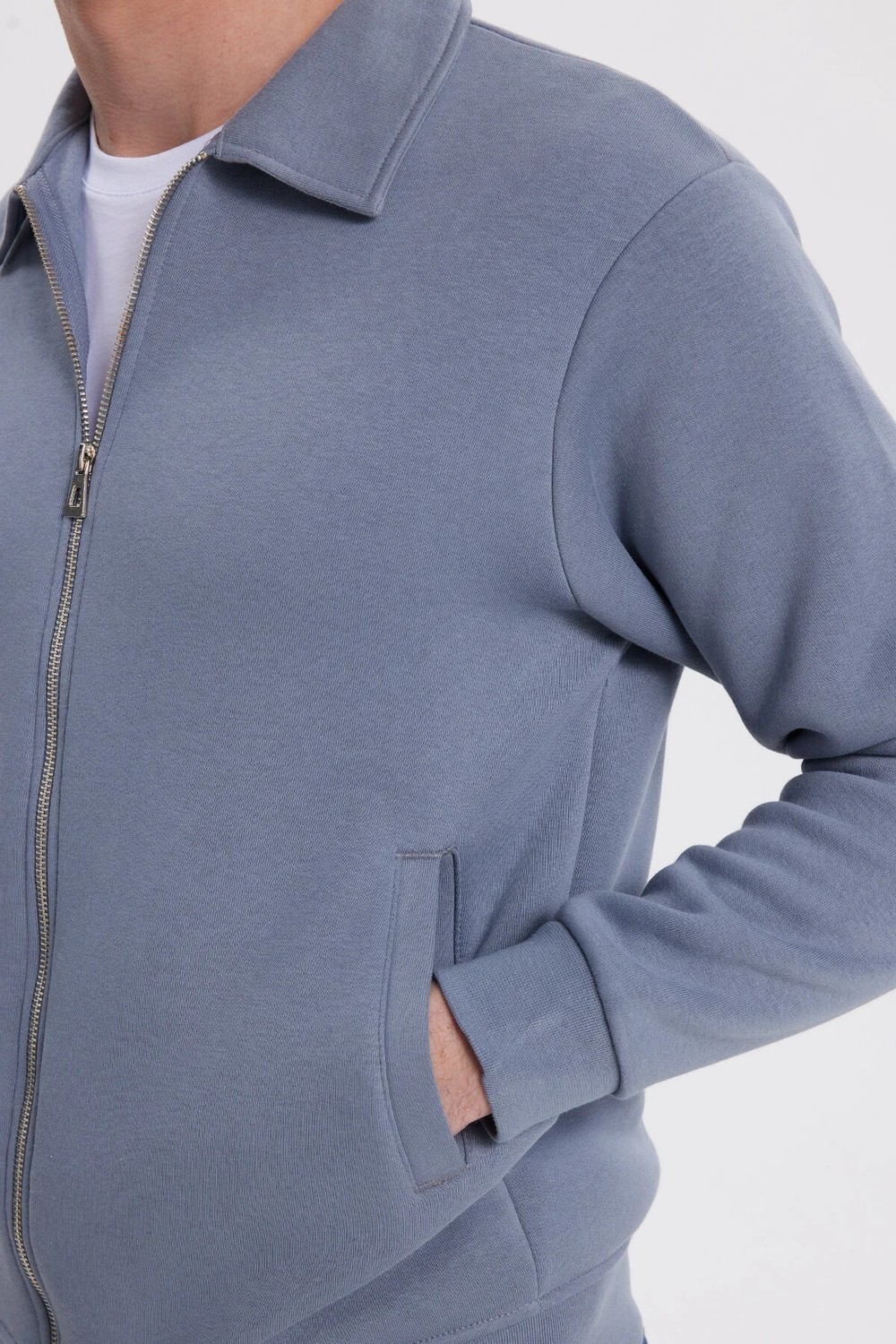Tudors Unisex Relax Fit Rahat Kesim Pamuklu İç Polarlı Fermuarlı Yeşil Polo Yaka Cepli Sweatshirt Hırka görsel 3
