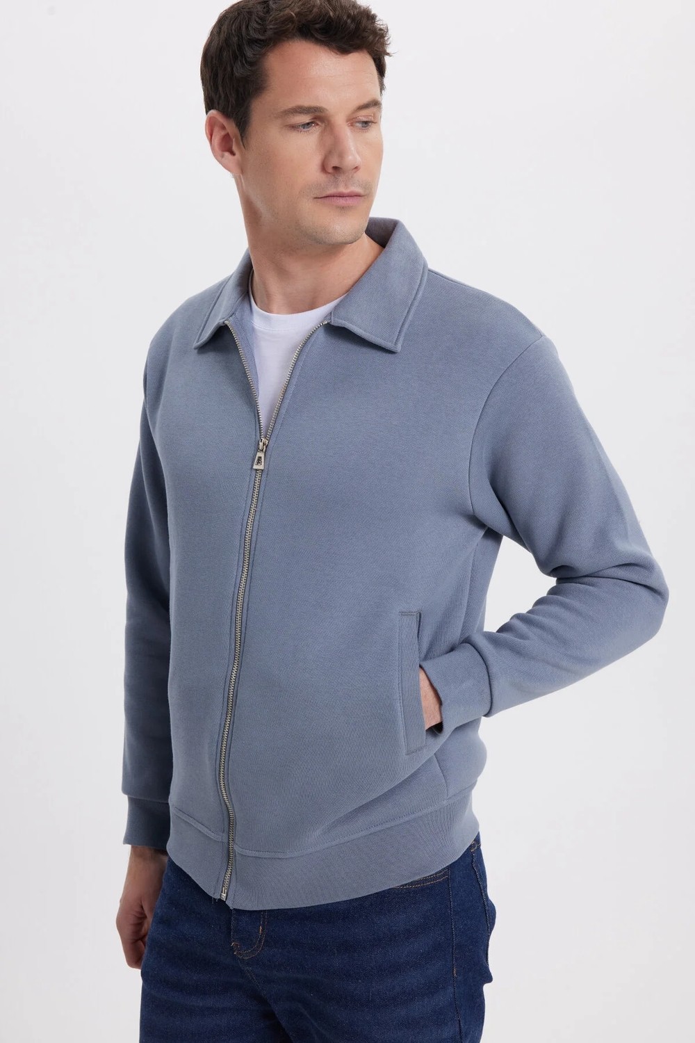 Tudors Unisex Relax Fit Rahat Kesim Pamuklu İç Polarlı Fermuarlı Yeşil Polo Yaka Cepli Sweatshirt Hırka görsel 4