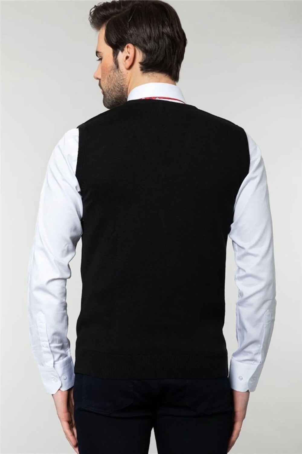 Tudors Erkek Slim Fit V Yaka Kendinden Desenli Siyah Süveter görsel 8