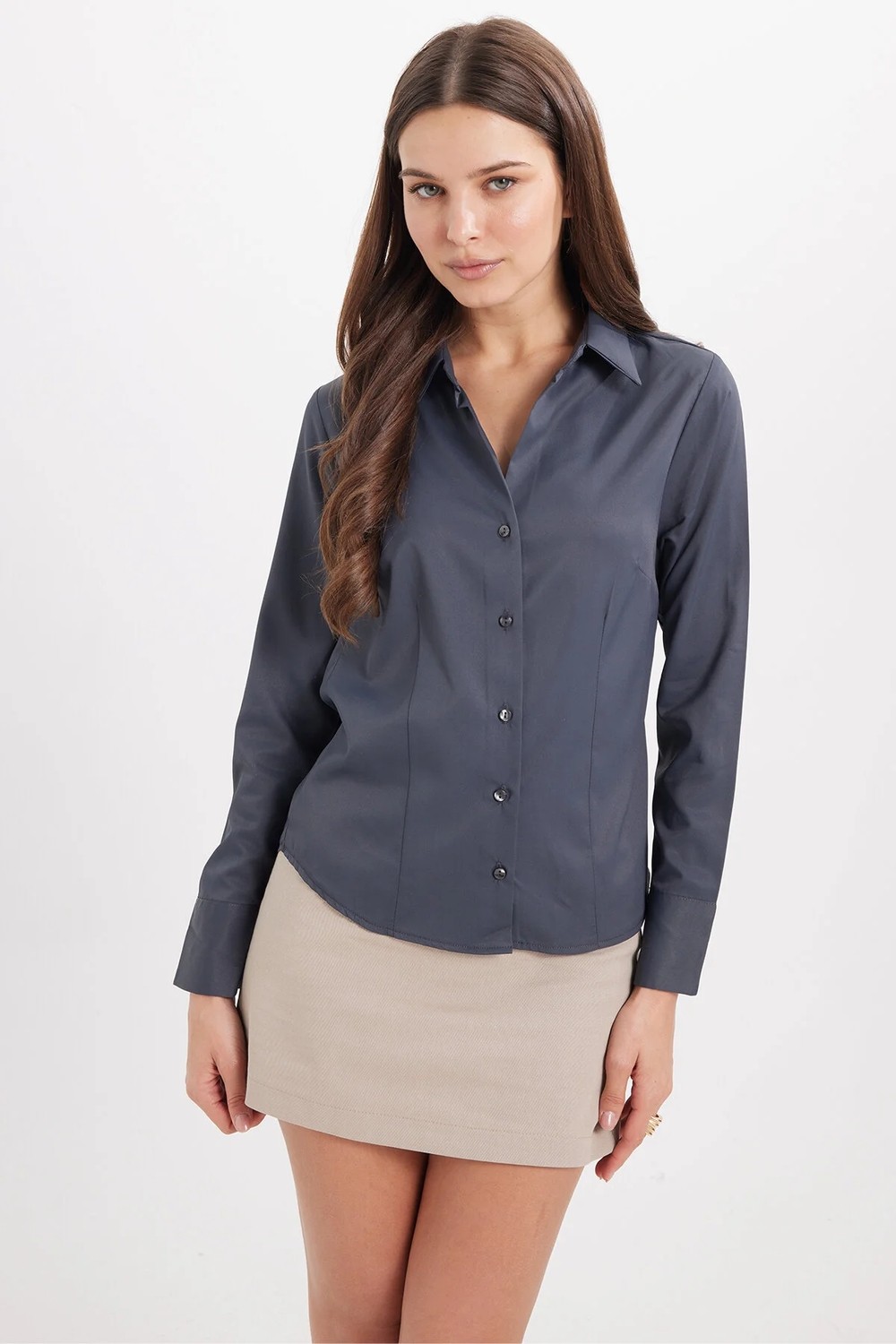 Tudors Kadın Slim Fit Dar Kesim Klasik Yaka Uzun Kollu Kahverengi Gömlek