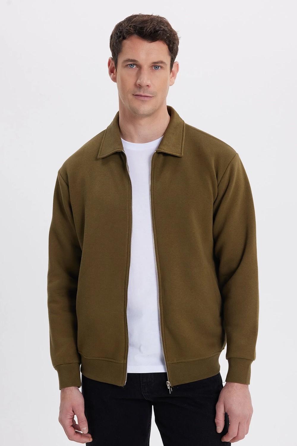 Tudors Unisex Relax Fit Rahat Kesim Pamuklu İç Polarlı Fermuarlı Yeşil Polo Yaka Cepli Sweatshirt Hırka