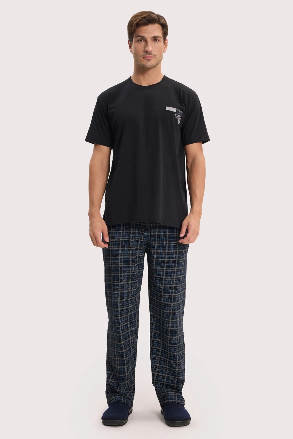 Tudors Erkek Standart Fit Normal Kesim Pamuklu Bisiklet Yaka Kısa Kollu Lastikli Siyah Pijama Takımı