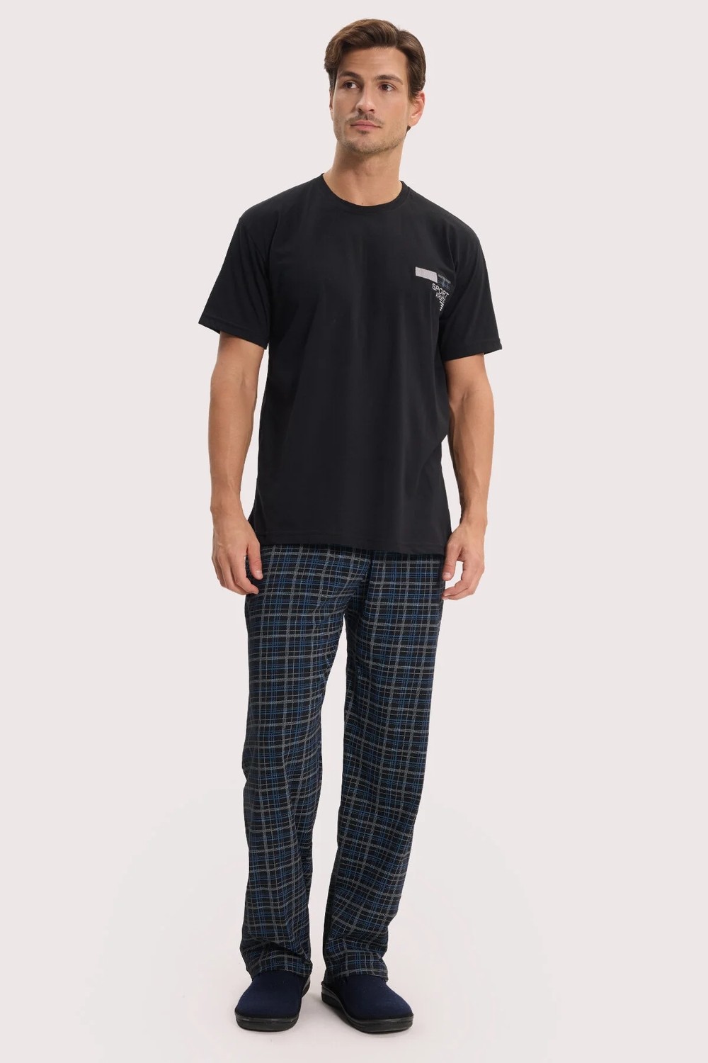 Tudors Erkek Standart Fit Normal Kesim Pamuklu Bisiklet Yaka Kısa Kollu Lastikli Siyah Pijama Takımı görsel 3