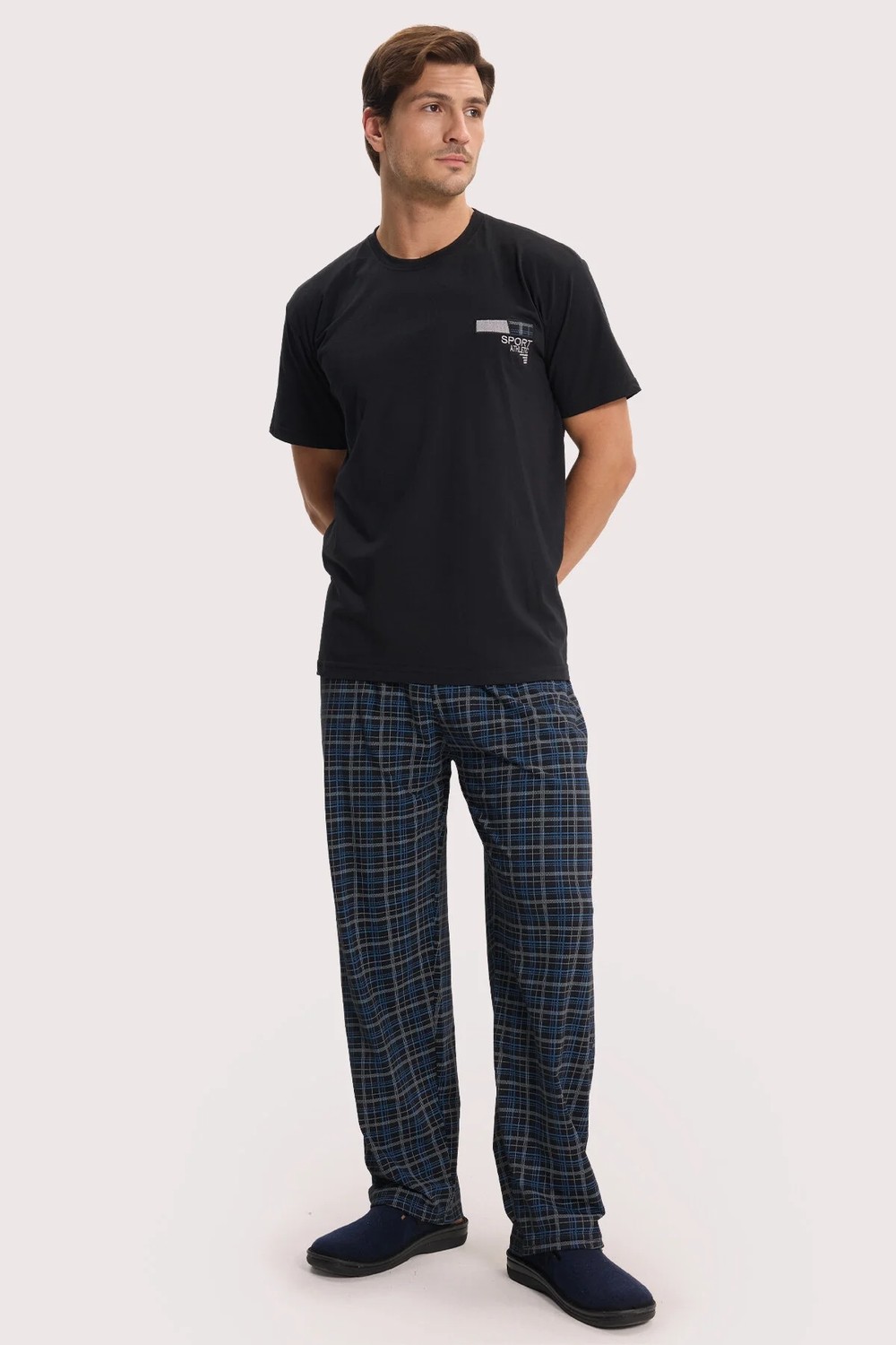 Tudors Erkek Standart Fit Normal Kesim Pamuklu Bisiklet Yaka Kısa Kollu Lastikli Siyah Pijama Takımı görsel 8