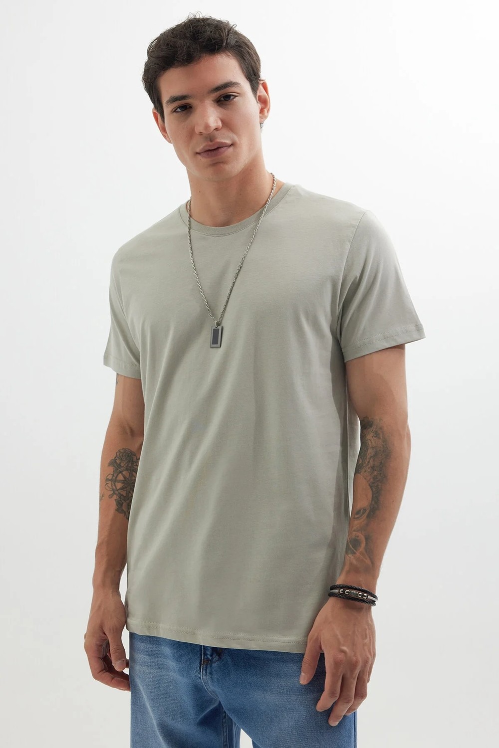 Tudors Unisex Slim Fit Dar Kesim %100 Pamuk Yumuşak Dokulu Yeşil Bisiklet Yaka Tişört