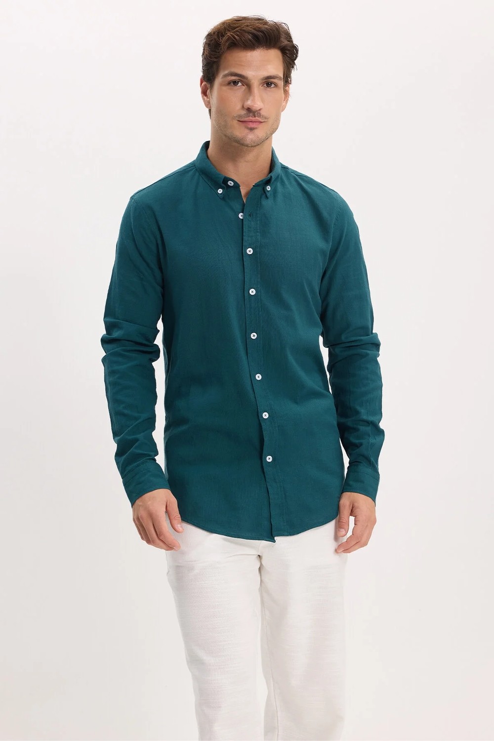 Tudors Erkek Slim Fit Dar Kesim %100 Pamuk Düğmeli Yaka Flam Keten Bordo Gömlek