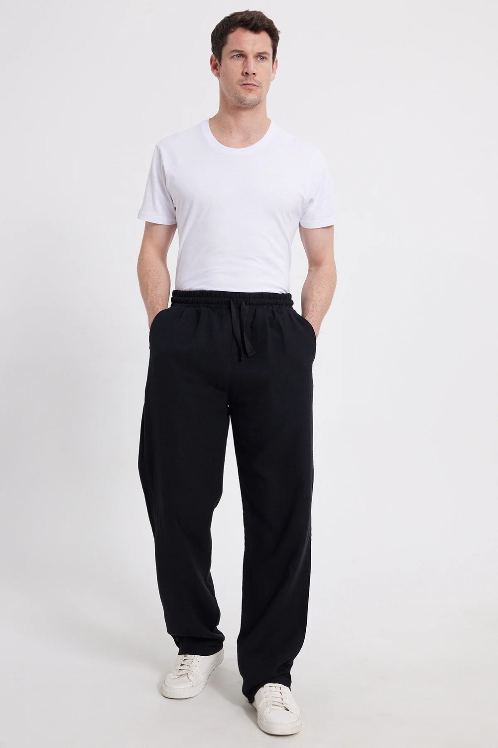 Tudors Erkek Baggy Fit Geniş Kesim %100 Pamuk Beli Lastikli Yandan Cepli Müslin Siyah Düz Pantolon