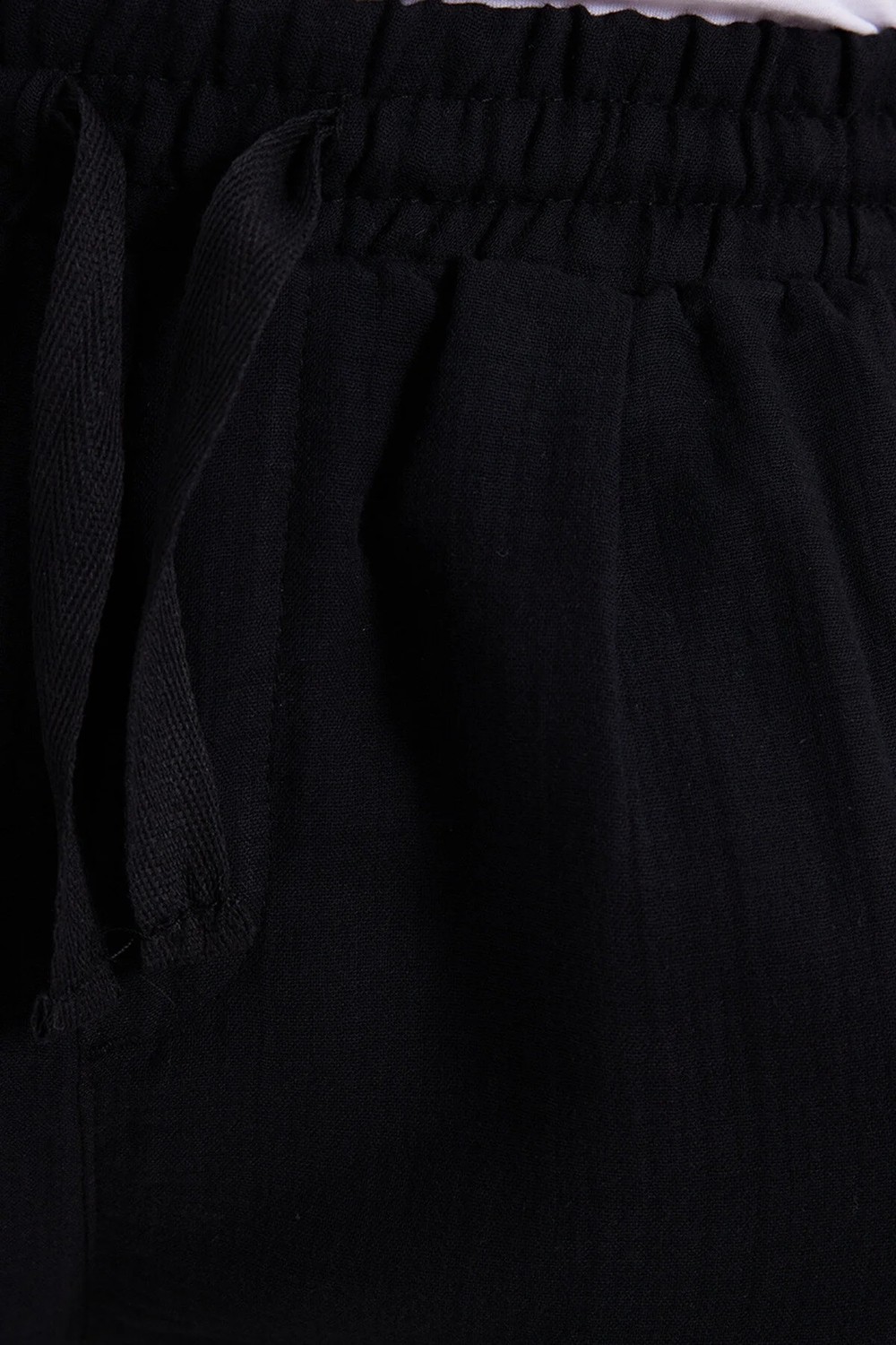 Tudors Erkek Baggy Fit Geniş Kesim %100 Pamuk Beli Lastikli Yandan Cepli Müslin Siyah Düz Pantolon görsel 6