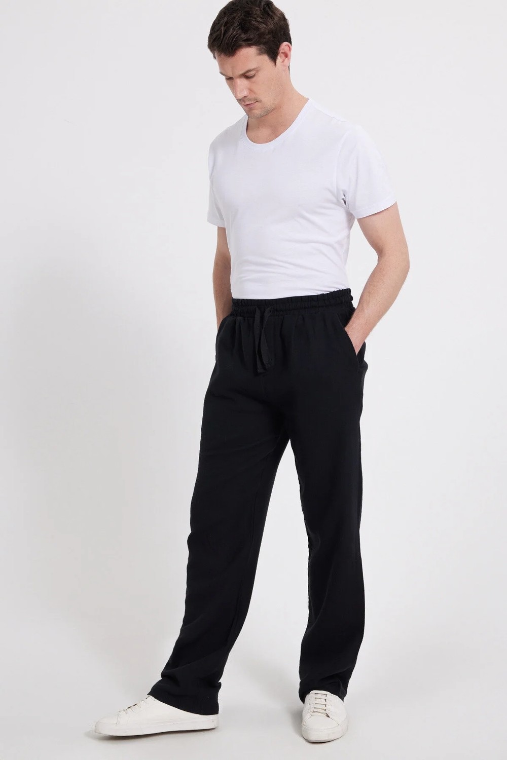 Tudors Erkek Baggy Fit Geniş Kesim %100 Pamuk Beli Lastikli Yandan Cepli Müslin Siyah Düz Pantolon görsel 8