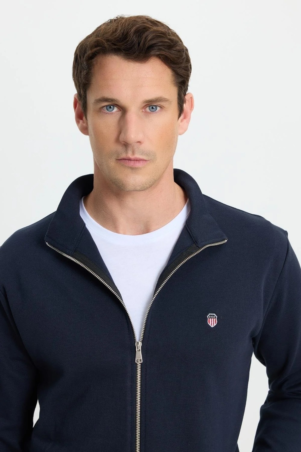 Tudors Erkek Slim Fit Dar Kesim Pamuklu Tam Fermuarlı Çift Cepli Dik Yaka Lacivert Sweatshirt Hırka