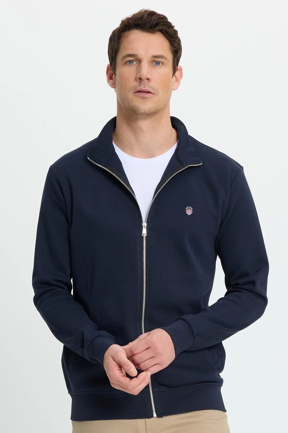 Tudors Erkek Slim Fit Dar Kesim Pamuklu Tam Fermuarlı Çift Cepli Dik Yaka Lacivert Sweatshirt Hırka görsel 2